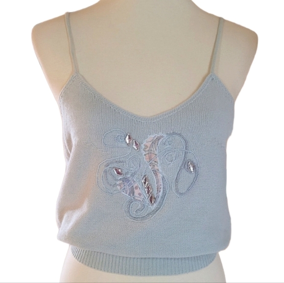 Vintage Tops - Vintage - 80's Marc D'Alcy Pale Blue Lambswool and Silk Embellished Tank Sweater